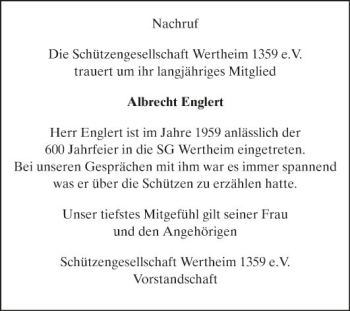 Traueranzeige von Albrecht Englert von Fränkische Nachrichten
