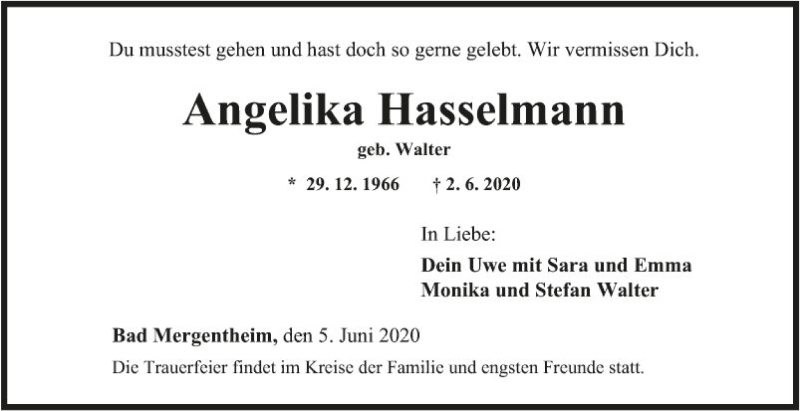  Traueranzeige für Angelika Hasselmann vom 05.06.2020 aus Fränkische Nachrichten