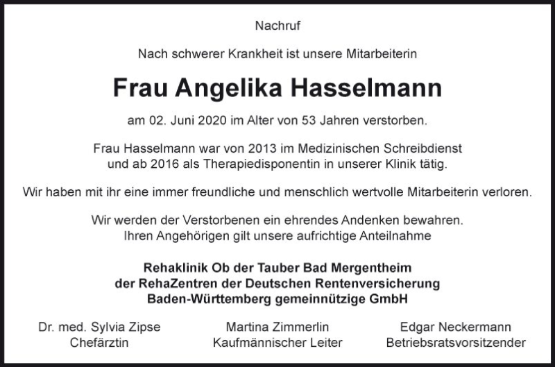  Traueranzeige für Angelika Hasselmann vom 12.06.2020 aus Fränkische Nachrichten
