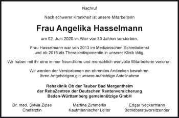 Traueranzeige von Angelika Hasselmann von Fränkische Nachrichten