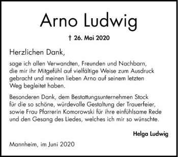 Traueranzeige von Arno Ludwig von Mannheimer Morgen