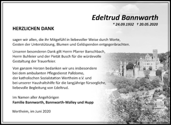 Traueranzeige von Edeltrud Bannwarth von Fränkische Nachrichten