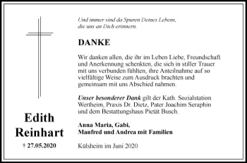 Traueranzeige von Edith Reinhart von Fränkische Nachrichten