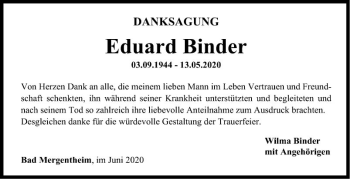 Traueranzeige von Eduard Binder von Fränkische Nachrichten