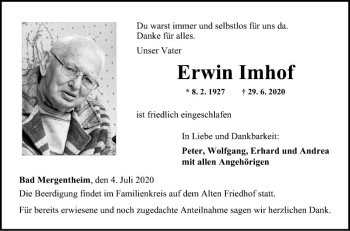 Traueranzeige von Erwin Imhof von Fränkische Nachrichten