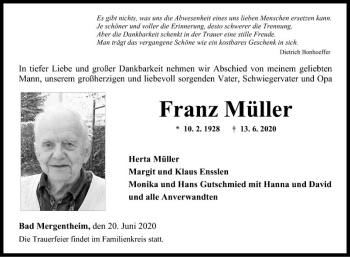 Traueranzeige von Franz Müller von Fränkische Nachrichten