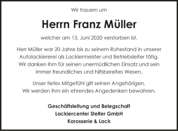 Traueranzeige von Franz Müller von Fränkische Nachrichten