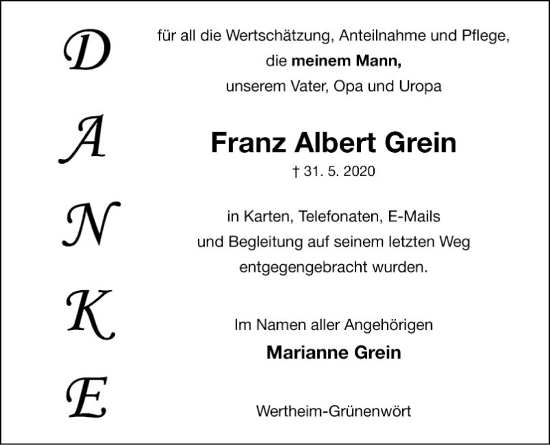  Traueranzeige für Franz Albert Grein vom 13.06.2020 aus Fränkische Nachrichten