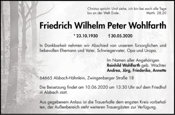 Traueranzeige von Friedrich Wilhelm Peter Wohlfarth von Bergsträßer Anzeiger
