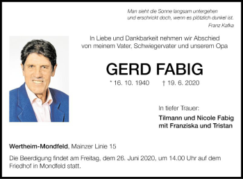 Traueranzeige von Gerd Fabig von Fränkische Nachrichten