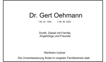 Traueranzeige von Gerd Oehmann von Fränkische Nachrichten