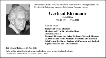 Traueranzeige von Gertrud Ehrmann von Fränkische Nachrichten