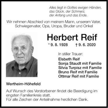 Traueranzeige von Herbert Reif von Fränkische Nachrichten