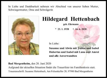 Traueranzeige von Hildegard Heftenhach von Fränkische Nachrichten