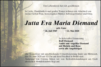 Traueranzeige von Jutta Eva Maria Diemand von Schwetzinger Zeitung