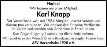 Traueranzeige von Karl Knapp von Schwetzinger Zeitung