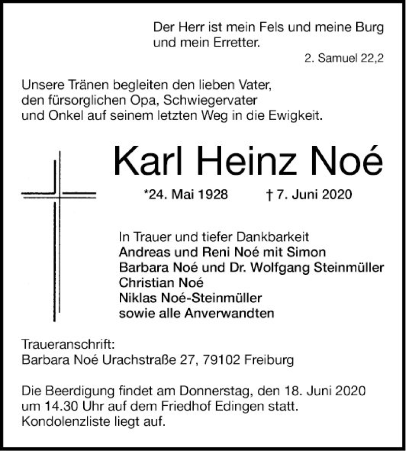  Traueranzeige für Karl Heinz Noe vom 13.06.2020 aus Mannheimer Morgen