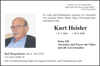Traueranzeige von Kurt Heisler von Fränkische Nachrichten
