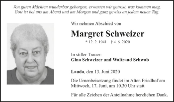 Traueranzeige von Margret Schweizer von Fränkische Nachrichten