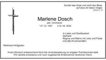 Traueranzeige von Marlene Dosch von Fränkische Nachrichten