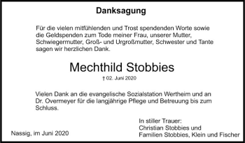 Traueranzeige von Mechthild Stobbies von Fränkische Nachrichten