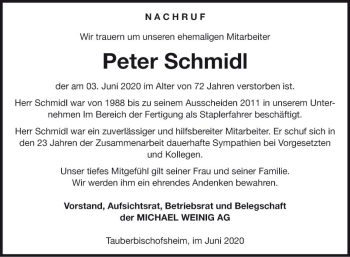 Traueranzeige von Peter Schmidl von Fränkische Nachrichten