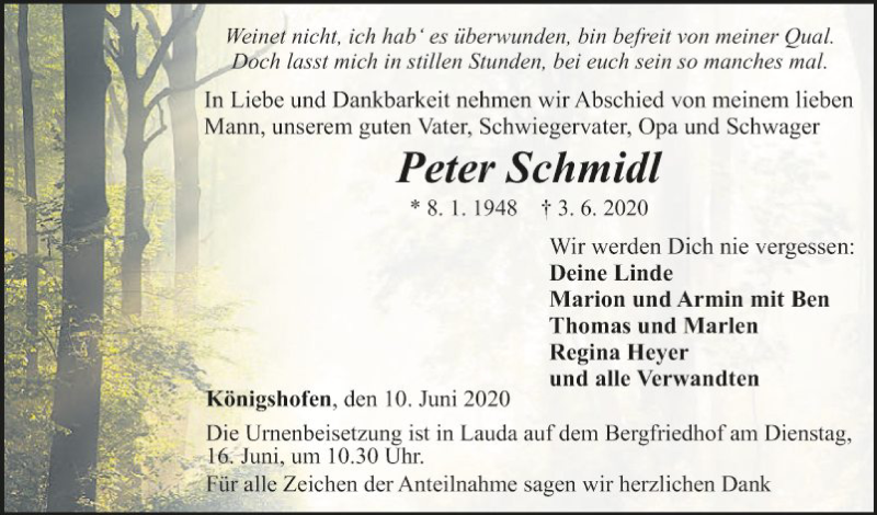  Traueranzeige für Peter Schmidl vom 10.06.2020 aus Fränkische Nachrichten