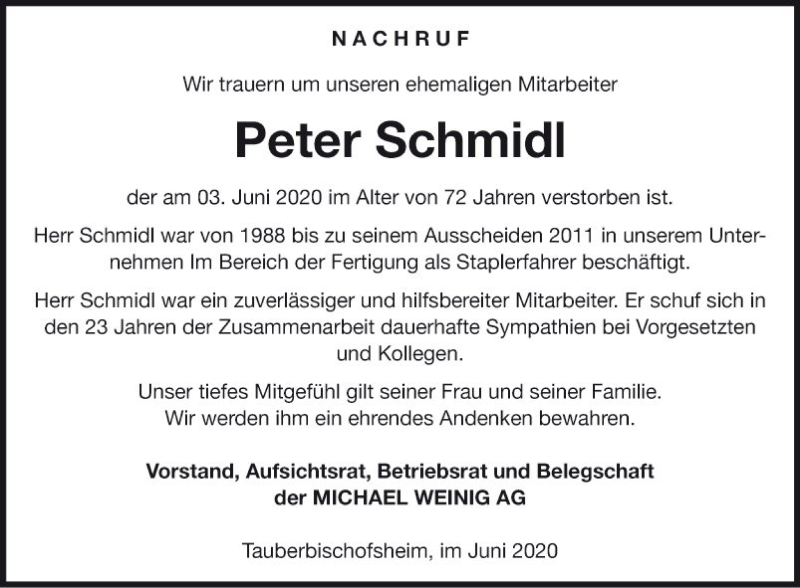  Traueranzeige für Peter Schmidl vom 12.06.2020 aus Fränkische Nachrichten