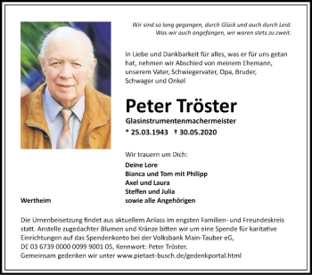 Traueranzeige von Peter Tröster von Fränkische Nachrichten