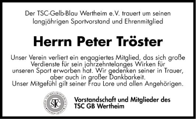  Traueranzeige für Peter Tröster vom 09.06.2020 aus Fränkische Nachrichten