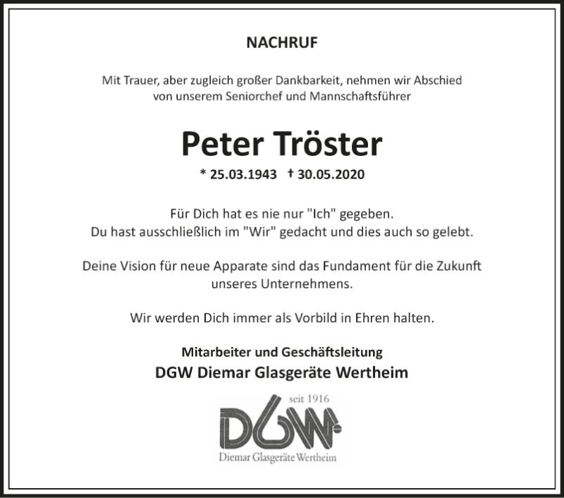  Traueranzeige für Peter Tröster vom 06.06.2020 aus Fränkische Nachrichten
