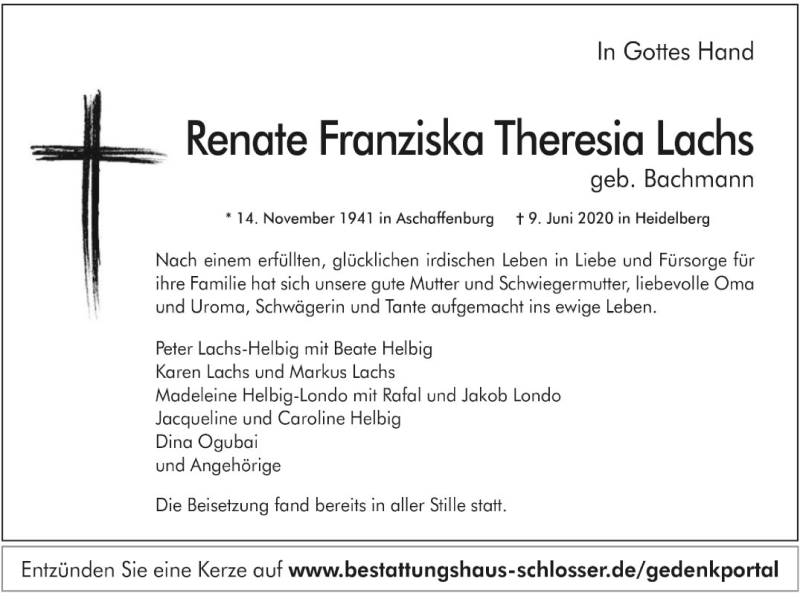  Traueranzeige für Renate Franziska Theresia Lachs vom 20.06.2020 aus Südhessen Morgen