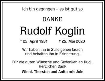 Traueranzeige von Rudolf Koglin von Mannheimer Morgen