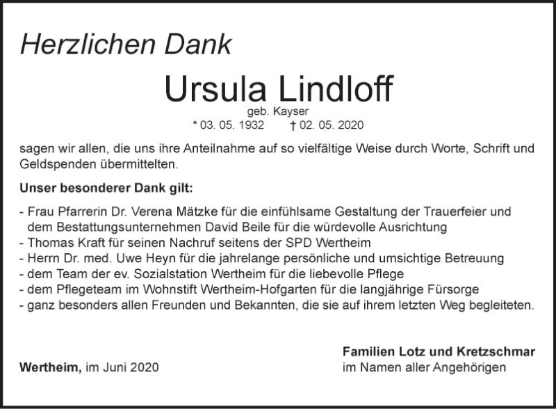  Traueranzeige für Ursula Lindloff vom 06.06.2020 aus Fränkische Nachrichten