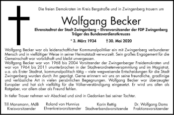 Traueranzeige von Wolfgang Becker von Bergsträßer Anzeiger