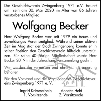 Traueranzeige von Wolfgang Becker von Bergsträßer Anzeiger