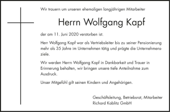 Traueranzeige von Wolfgang Kapf von Fränkische Nachrichten