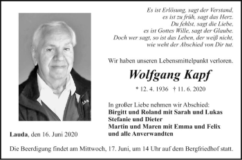 Traueranzeige von Wolfgang Kapf von Fränkische Nachrichten