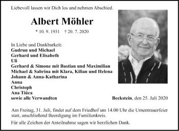Traueranzeige von Albert Möhler von Fränkische Nachrichten