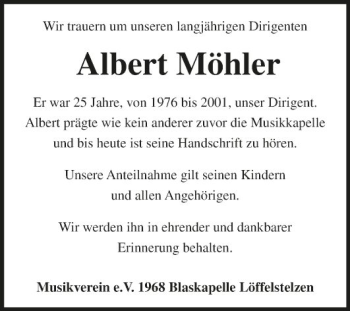 Traueranzeige von Albert Möhler von Fränkische Nachrichten