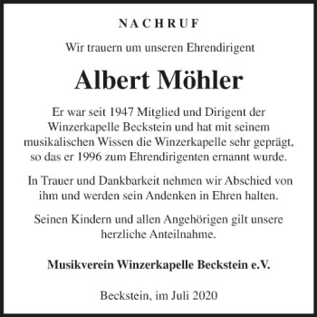Traueranzeige von Albert Möhler von Fränkische Nachrichten