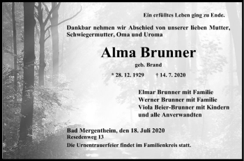 Traueranzeige von Alma Brunner von Fränkische Nachrichten
