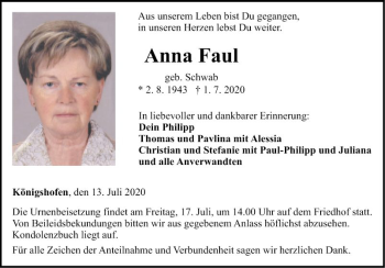 Traueranzeige von Anna Faul von Fränkische Nachrichten