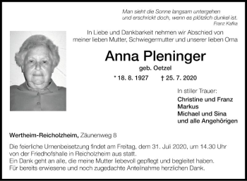 Traueranzeige von Anna Pleninger von Fränkische Nachrichten