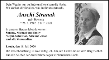 Traueranzeige von Anschi Stranak von Fränkische Nachrichten