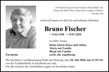 Traueranzeige von Bruno Fischer von Fränkische Nachrichten