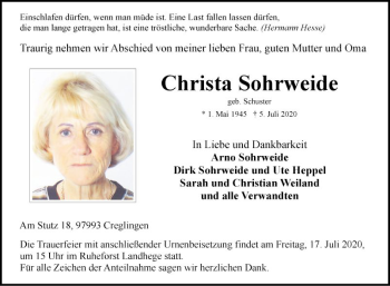 Traueranzeige von Christa Sohrweide von Fränkische Nachrichten