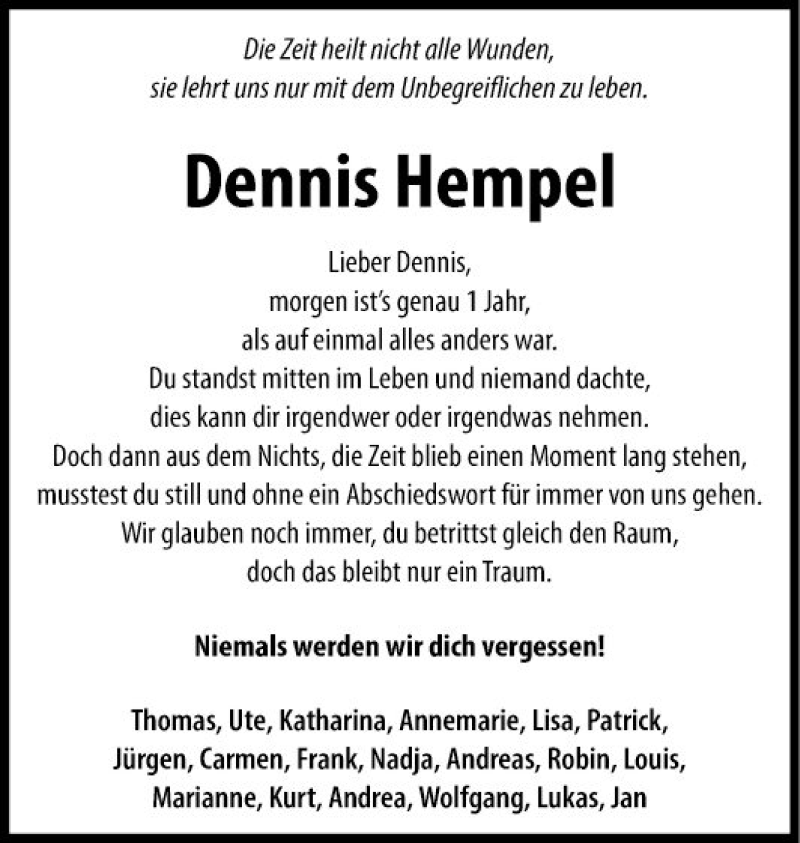  Traueranzeige für Dennis Hempel vom 18.07.2020 aus Fränkische Nachrichten
