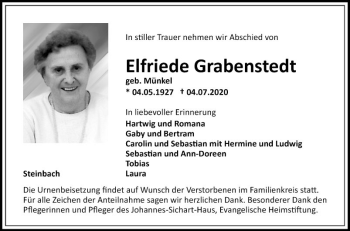Traueranzeige von Elfriede Grabenstedt von Fränkische Nachrichten