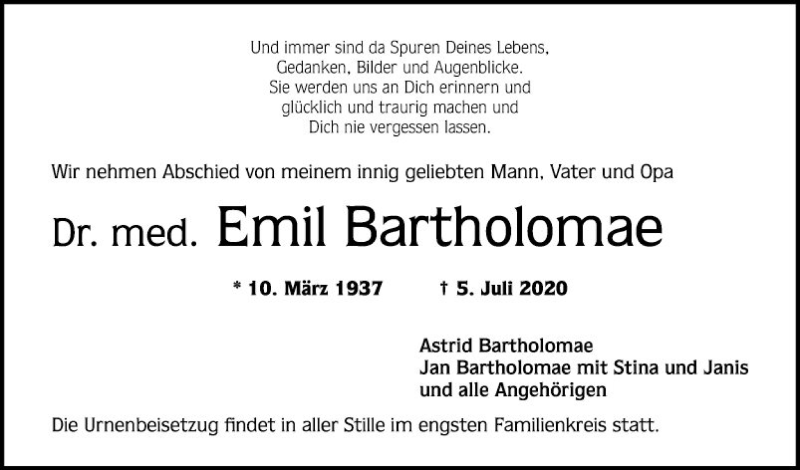  Traueranzeige für Emil Bartholomae vom 18.07.2020 aus Mannheimer Morgen